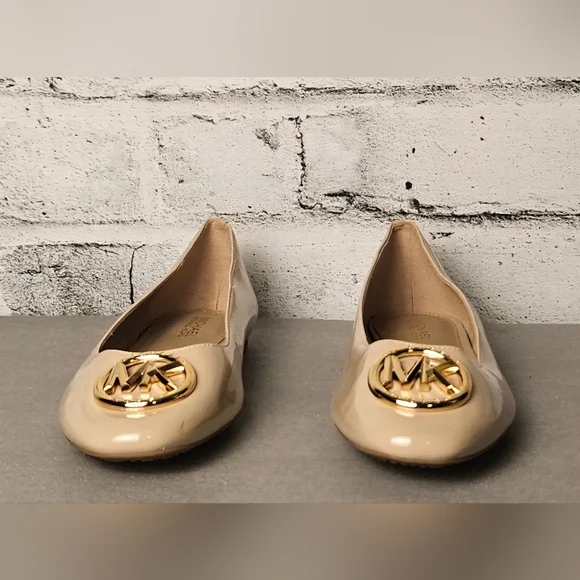 Michael Kors Fulton Nude Patent Leather Ballet Flats Gold MK Logo 6M - Picture 5 of 14